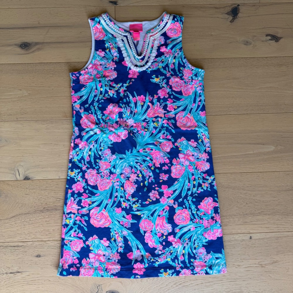 Lilly Pulitzer Girls Blue Pink Floral Pom Pom Trim Shift Dress XL 12-14